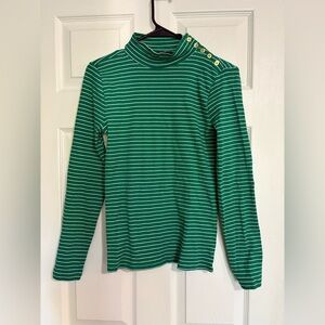J.Crew Green and White Striped Turtle Neck long sleeve gold button neckline